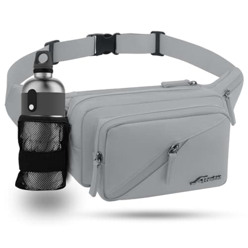 REETEE Riñonera Hombre Mujer con Soporte para Botellas Impermeable Riñonera Deportiva con 4 Cremallera Bolsillos, Cinturón Ajustable Riñoneras Hombre para Viajes,Running,Senderismo (Gris)