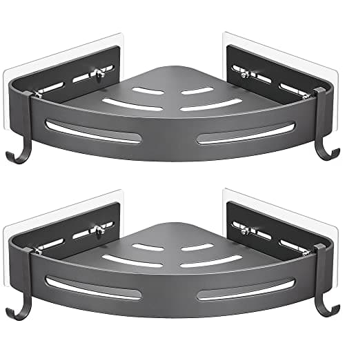 GRICOL Estante Ducha Sin Taladro Esquina Estanteria Baño con 4 Ganchos Metal Estantería Ducha Organizador Ducha 2 Piezas Gris