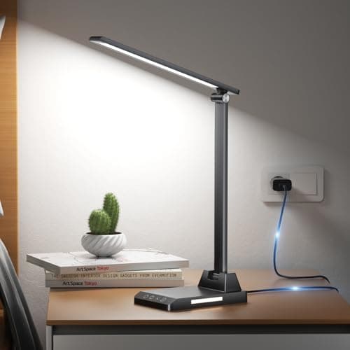 Ylatoial Lámpara Escritorio, Flexo Led Escritorio, 5 Modos,10 Niveles de Brillo Lámpara Escritorio LED, Temporizador de 30/60min Lampara Escritorio Led, Función de Memoria Flexo Escritorio, Negro