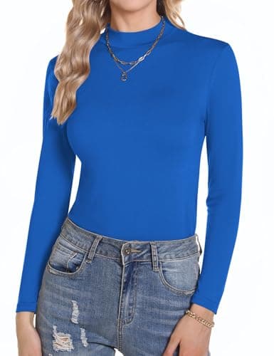 Aottori Camiseta Cuello Alto Mujer Manga Larga Basica Ropa Interior Algodón con Cuello Vuelto Slim Fit Ligera Térmica Primavera Otoño Invierno Azul XS