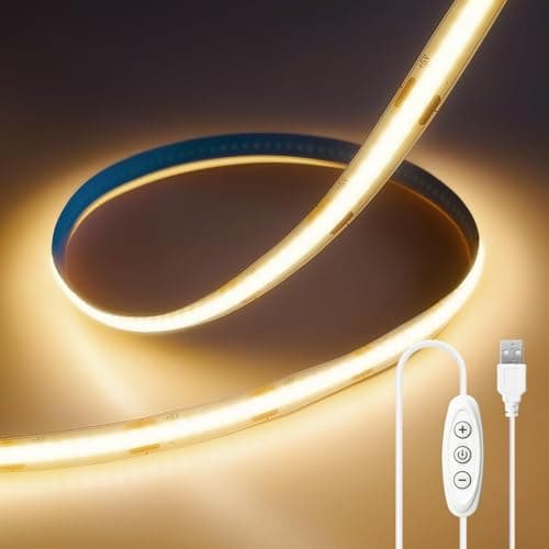 ShineBurky Tira de LED COB USB 5V 2M, Blanco Cálido 3000K Regulable CRI93+ Anchura 8mm Luces LED Habitacion Cinta LED Flexible para Fondos de TV Cocina Fiesta DIY Decoración