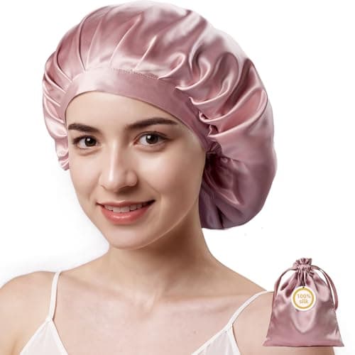 Kaome Gorro de Dormir de Seda 22 Momme 100% Seda Mulberry, Gorro de Noche Ajustable Doble Cara, para Pelo Rizado y Largo, Suave y Antideslizante, Transpirable con Bolsa (Rosa)