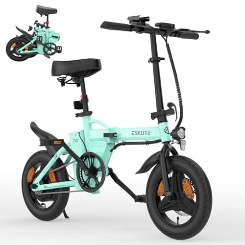 ESKUTE F100 Bicicleta Eléctrica Plegable, Ebike 14", Batería Integrada 36V 9Ah, 25 km/h & Autonomía 35–60 km, Pantalla LCD, Soporte USB, Asiento Ergonómico, Bici Electrica Urbana para Adultos,Cian