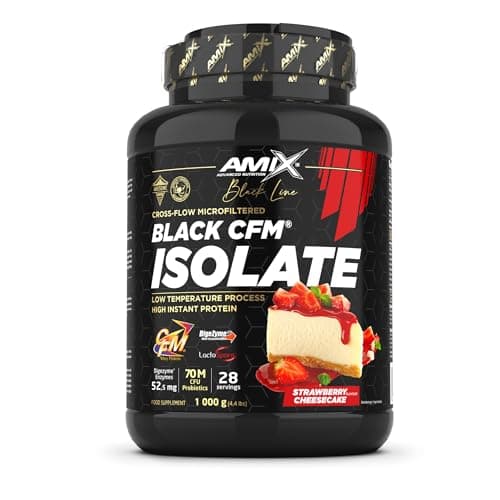 Amix | Proteína BLACK CFM ISOLATE - Ayuda a Mantener la Masa Muscular - Con Enzimas Digestivas - Fácil Digestión - Rápida Absorción - Proteína en Polvo - 1 Kg - Sabor Fresa-tarta de queso
