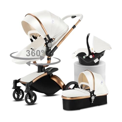 Doraystar 360° Rotación Cuero PU Carro Bebe 3 Piezas, Carrito Bebe 3 en 1 Plegable con Un Solo Clic, Cochecito Tres Piezas con Capazo Grande Cómodo, Carricoche Tres Alto Paisaje (906 White)