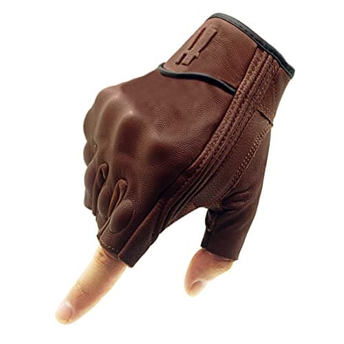 Harssidanzar Guantes de Motocicleta de Cuero de Piel de Cabra sin Dedos para Hombre con Pantalla táctil GM037EU,Silla Marrón,Talla S