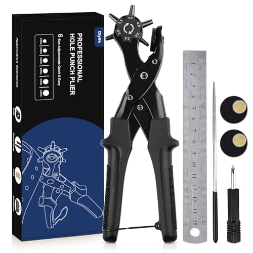 Alicates Sacabocado Agujero, [Versión Mejorada-con 6 Placas] Diyife Agujero Perforadora Punzón de Cinturón, Herramienta de Alicate para Trabajo Pesado Múltiple Tamaño para Tarjeta, Goma, (Negro)