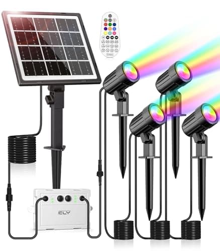 CLY Luces Solares Led Exterior Jardin RGB, 30 Modos Dinámicos Focos Led Exterior Solares 10 Colores 2 Brillo Luz Solar Exterior 5000mAh Temporizador Lamparas Solares Jardin IP66 Impermeable 4 EN 1