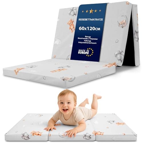Totsy Baby Colchon Cuna Bebe Plegable 60x120 cm - colchoneta Cama Infantil de Viaje colchón Transpirable y colchones de Espuma con Funda Lavable 60 x 120 cm Osos de Peluche