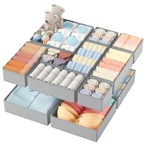DIMJ Organizador Cajones Juego de 12 Cajas Almacenaje Plegables de Tela Para Guardar Ropa, Organizadores de Cajones No Tejidos, Calcetines, Ropa Interior, Clásico Gris