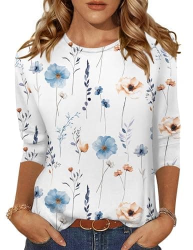 Zeagoo Camiseta de Mujer Blusa de Manga 3/4 Tops básica con Cuello Redondo Casual Trabajo Primavera Verano Flor XXL
