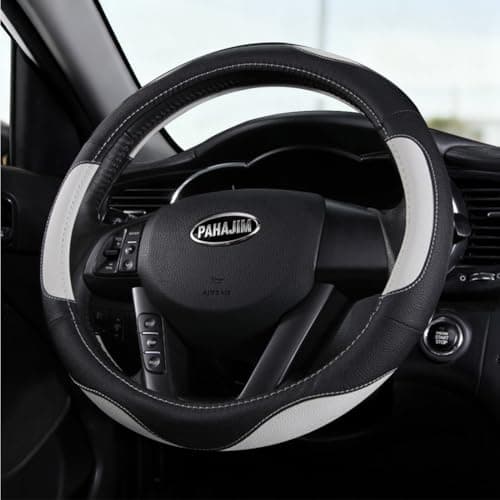 Pahajim Funda Volante Coche de Cuero de Microfibra Cubre Volante Coche Antideslizante Transpirable Durable Universal 38CM (Blanco Negro)