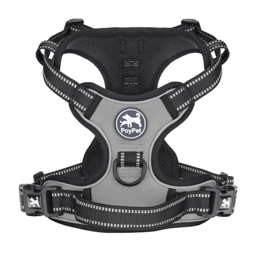 PoyPet Arnés reflectante para perros No Pull, con 2 correas de sujeción y mango de control fácil para perros pequeños y medianos (gris, XL, 1 unidad)