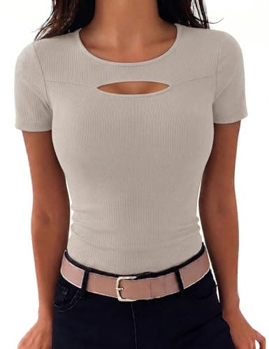 Aottori Tops Verano Mujer Camiseta Básica Manga Corta Cuello Redondo Acanalada Camiseta Corte Cut out Ajustado Estirado Top Pullover Tunica Albaricoque S