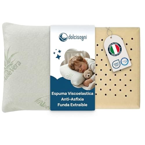 DOLCI SOGNI - Almohada Bebé Viscoelástica Ergonómica y Hipoalergénica | Almohada para Bebé y Niños de Memory Foam Transpirable | Cojín Bebé Suave con Funda Aloe Vera Lavable