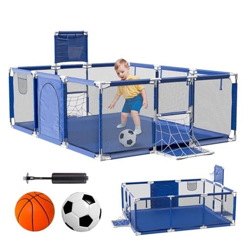 JUPPLIES Parque Infantil Bebe + Pelota de Fútbol y Baloncesto - Corralito Plegable 180 x 120 x 60cm - Parque de Juegos Con Malla Transpirable - Centro de Actividades Gimnasio Parque Cuna Azul