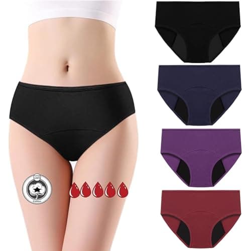 Flintronic 4PCS Bragas Menstruales Flujo Abundante de Mujer, Bragas Menstruales Mujer Absorbentes, Bragas de Reglas, para Regla Periodo Mentruación Hipsters, Lavables, Algodón, M, 4 Colores