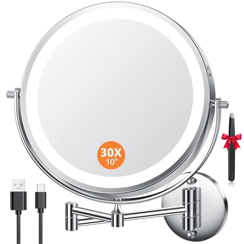 Auxmir 10‘’ Espejo Maquillaje con Luz 30X/1X Aumento Recargable 5000mAh Doble Cara Giratorio 360, Espejo Grande Baño Pared Brazo Extensible USB, 3 Colores Brillo Regulable Hotel, Plata