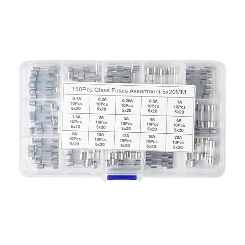 Juego de 150 fusibles de cristal de 15 valores, 5 x 20 mm, 0,1 A, 0,25 A, 0,25 A, 0,5 A, 1 A, 1,5 A, 2 A, 3 A, 4 A, 5 A, 8 A, 10 A, 12 A, 15 A, 20 A