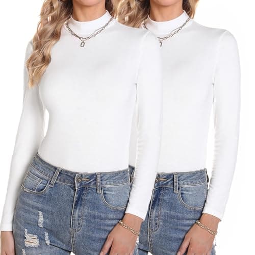 Aottori Camiseta Cuello Alto Mujer Pack de 2 Manga Larga Ropa Interior Térmica Sólida Ligera Básica Jersey para Primavera Otoño Invierno Blanco+Blanco XS