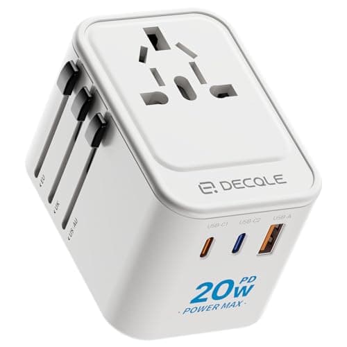 decqle Adaptador Enchufe Universal, Adaptador de Viaje con 2 USB-C(PD 20W) y 1 USB-A, Adaptador Universal para EU, Reino Unido, Americano, Canadá, Australia& 224+País(Blanco)