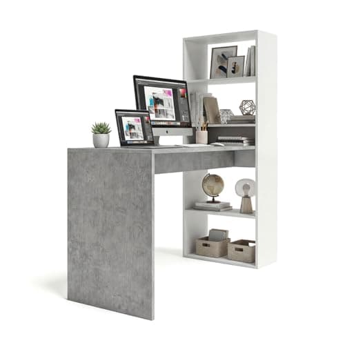 duehome | Escritorio Juvenil con Estanteria Reversible, Mesa de Ordenador, Modelo Cosmic, Acabado en Blanco Artik y Gris Cemento, Medidas: 120 cm (Largo) x 53 cm (Ancho) x 144 cm (Alto)