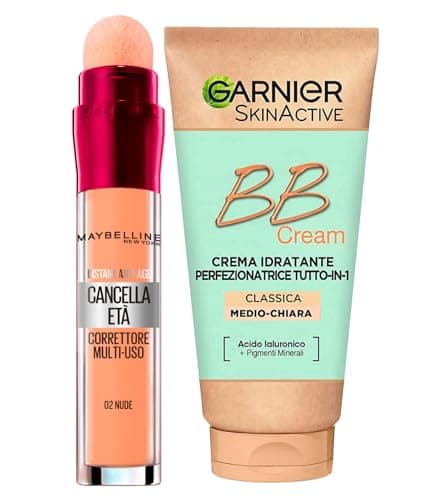 Garnier Skinactive BB Cream Crema Facial Hidratante Perfeccionadora Todo en 1 SPF25 Tono Medio-Claro + Corrector Líquido Multiusos Antiedad Color 02 Nude con Aplicador de Esponja