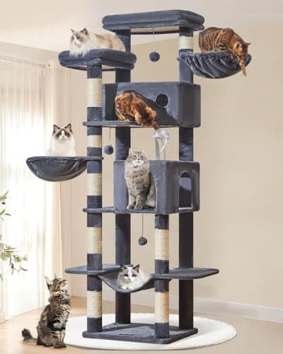 Taoqimiao Rascador para Gatos Grandes, 193cm Arbol Rascador para Gatos com 2 Espacioso Cuevas, 2 Cesta, Hamaca MS046G Gris Claro