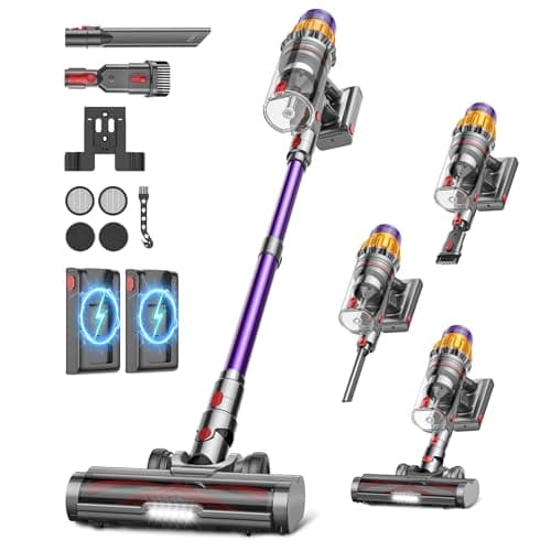 Minilandia Aspiradora sin Cable con 2 Baterías, 150Min/55Kpa/600W, 2.0L Escoba Aspiradora Antienredos, Filtración de 11 Capas, Pantalla Táctil, Aspirador de Mano para Suelo/Alfombra/Pelos de Mascotas