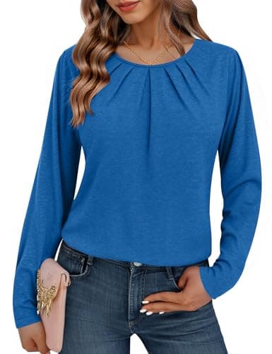 Totatuit Blusa Mujer Otoño Invierno Cuello Redondo Plisado Manga Larga Algodón Elegante Casual Ideal Oficina Salida Azul Rey，S