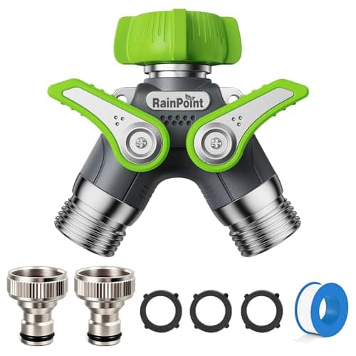 RAINPOINT Distribuidor 2 Vias Jardin, Cuerpo 100% metálico Desviador de Grifo, Distribuidor en Y con Interruptor Independiente y Adaptador de 3/4" de 1/2", Flujo de Agua regulado y bloqueable