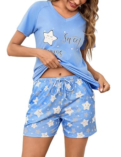 Litherday Pijama Mujer Verano Algodón Manga Corta Cuello en V Conjunto de Pijamas Cómodo y Transpirable con Pantalones Cortos y Bolsillos,Azul Cielo,L