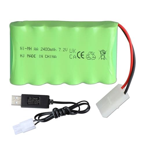 Batería Ni-MH de 7,2 V y 2400 mAh con Enchufe KET 2P de Tamiya y Cable de Carga, Paquete de Batería de 6 Celdas para Vehículo RC, Coche, Camión, Excavadora, Oruga, Tanque, Juguete