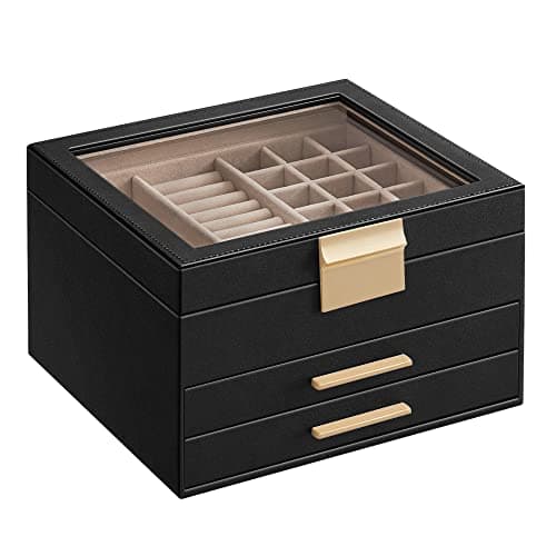 SONGMICS Colección GISELLA - Caja de Joyas, Caja Joyero de 3 Niveles, Estuche de Joyería, con 2 Cajones, Gran Capacidad, Estilo Moderno, Negro Tinta y Dorado, 20,3 x 23,1 x 13,5 cm JBC239B03