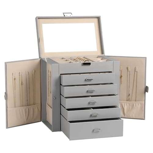 Frebeauty Caja de joyería grande, organizador de joyas de cuero sintético de 6 niveles con cerradura, funda de almacenamiento multifuncional con espejo, soporte de accesorios con 5 cajones para(Gris)