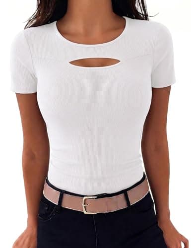 Aottori Tops Verano Mujer Camiseta Básica Manga Corta Cuello Redondo Acanalada Camiseta Corte Cut out Ajustado Estirado Top Pullover Tunica Blanco XXL