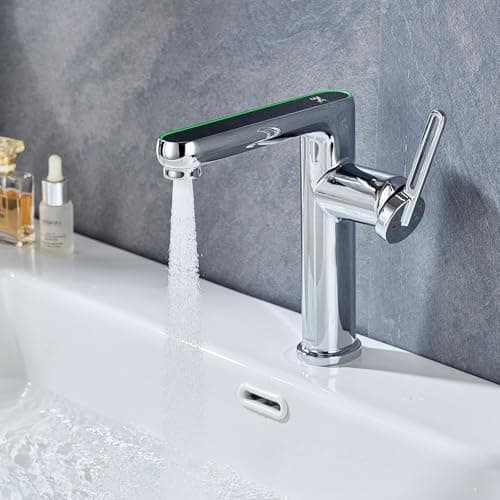 LakeBayMZC Grifo de Baño con indicador LED de Temperatura,Grifo de Lavabo,Mezclador de Lavabo de Baño,Grifos Monomando,Agua Fría y Caliente,Cromo