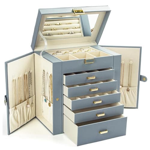 KAMIER Joyero para mujer, organizador de joyas grande de 6 capas con espejo y 5 cajones para anillos, aretes, collares, pulseras, Azul grisáceo, Regalo para mujer Caja de joyería