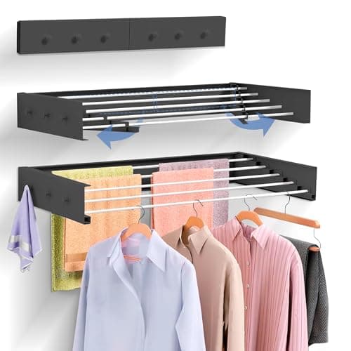 JUPPLIES - Tendedero Pared Plegable Retractil 80cm con Perchero Lateral - Tendederos Plegables de Pared para Interior o Exterior - Diseño Compacto de 30 kg de Capacidad - (80cm, Negro)