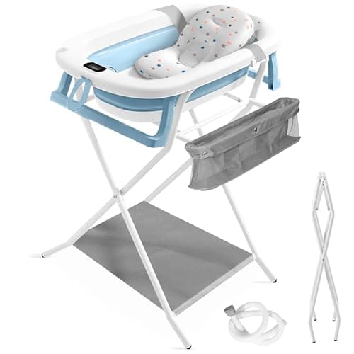 JUPPLIES Bañera Plegable Bebé con Estructura Metálica y Tubo de Drenaje - Bañera con Cojín Ergonómico, Patas Antideslizantes y Termómetro Digital