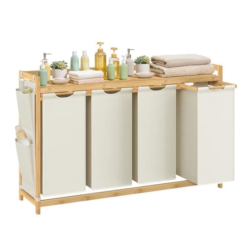 SONGMICS Cesto para Ropa Sucia, 4 Compartimentos, Bambú, Cesta Ropa Sucia 150 L, con Estante, Bolsa, Bolsillos Laterales, Estante, 4 x 50 L, 124,6 x 33 x 78 cm, Blanco Crema RLH120W01