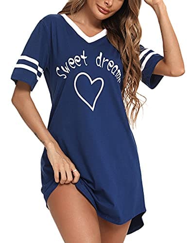 Litherday Camisón Mujer Algodón Verano con Cuello en V y Estampado Adorable Pijama de Manga Corta Cómoda y Suelta Ropa de Dormir, Azul Oscuro, l