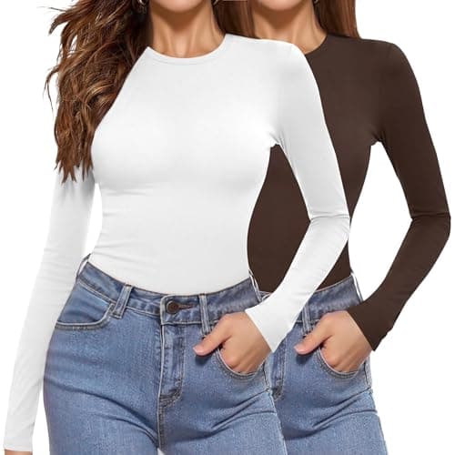 Aottori Pack de 2 Camiseta Interior Mujer Cuello Redondo Manga Larga Básica Camisetas Elegant Elástica Ajustada Ligera Ropa Interior Térmica Tops Blanco+Marrón XS