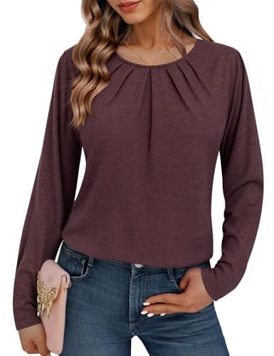 Totatuit Blusa Mujer Otoño Invierno Cuello Redondo Plisado Manga Larga Algodón Elegante Casual Ideal Oficina Salida Rojo Vino，S