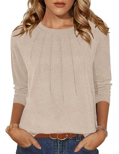 Zeagoo Camiseta de manga larga para mujer, cuello redondo, camiseta casual plisada, parte superior de color sólido, camisetas básicas de otoño, túnica holgada, tops, tallas S-XXL, beige, XXL