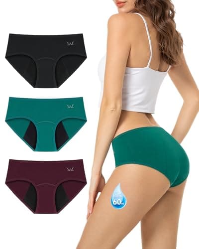 TANSTC Bragas Menstruales Mujer Algodon 60ML Protección Hygiénia Absorbente y Lavable, Ropa Interior y Reutilizable para la Menstruación, Negro+Burdeos+Verde Oscuro, Pack de 3, XS