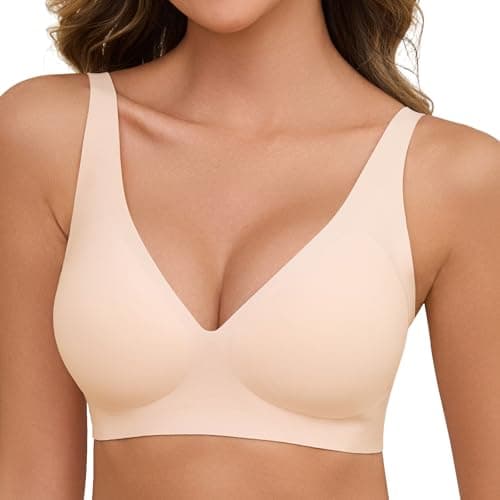 Nadeer Sujetador sin Aros Mujer Bralette sin Costuras Push Up Sostenes Básicos Cuello V Brasier de Dormir Comodos con Extensor de Sujetador(Beige,M)