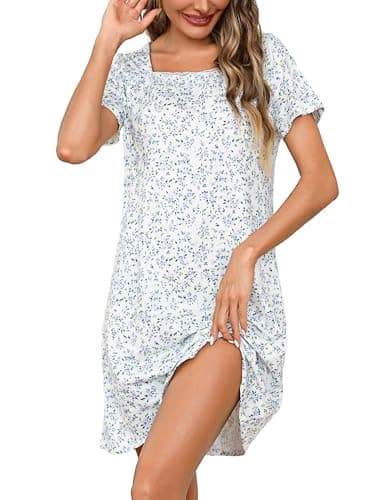 Litherday Camisón Verano para Mujer Algodon Manga Corta Ropa de Dormir Motivo Floral Vestido Mujer Suelto Cómodo