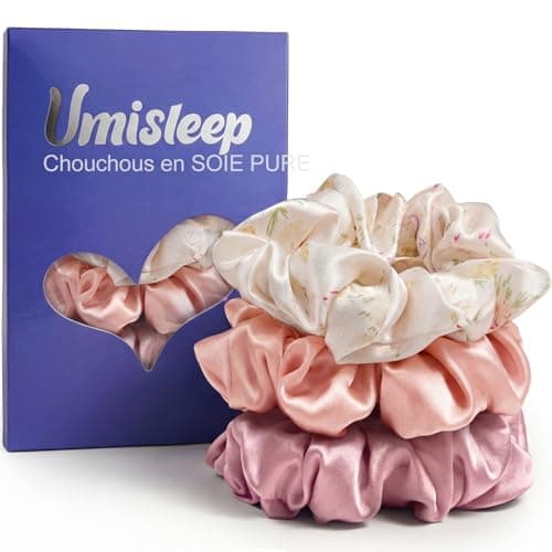 Umisleep Gomas De Pelo 22 Momme 100% Seda De Morera Coleteros Pelo Para Mujer, Scrunchies Elásticas, Suaves Y Durables -3 Pack (Naranja rosado, estampado floral, rosa)