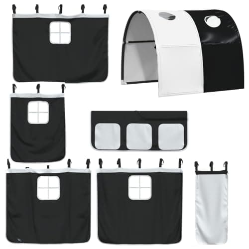 vidaXL Cortinas para Camas Altas con Túnel, Cortinas para Litera con Bolsillos, Dosel para Niños, Decoraciones para Dormitorio, Poliéster Blanco Negro